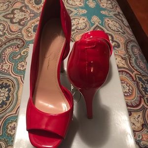 Red patent leather peep toe Jessica Simpson.